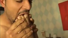 Blindfolded guy receives Footjob From shemale