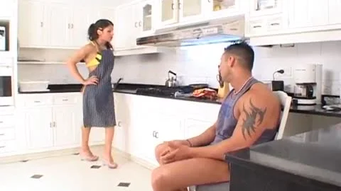 gorgeous shemale In The Kitchen Wants To seduce This handsome dude