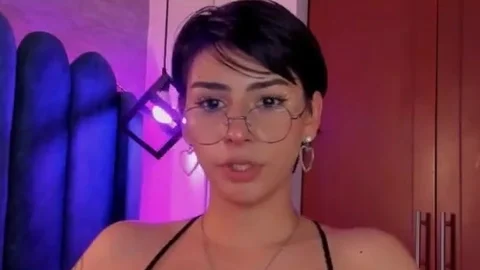 Short Haired legal age teenager latin chick Tattooed shemale In Glasses And lingerie Masturbates With A fake penis