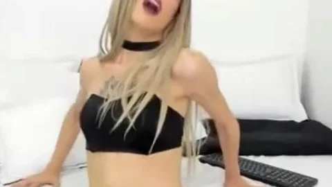 Petite Colombian tranny With Tattoos Strokes Her cock On webcam