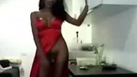 naughty Asain shemale In Red suit Cums