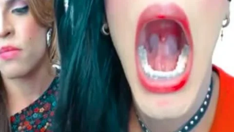 astonishing long Tongue sheboy kissing blow job