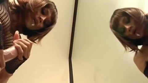 Redhead Ladyboy In darksome underware Sucks A vibrator By The Mirror