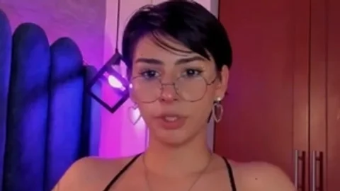 Short Haired legal age teenager latin chick Tattooed shemale In Glasses And lingerie Masturbates With A fake penis
