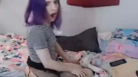 Purple Hair Transbabe Shows Off Body And Jerks