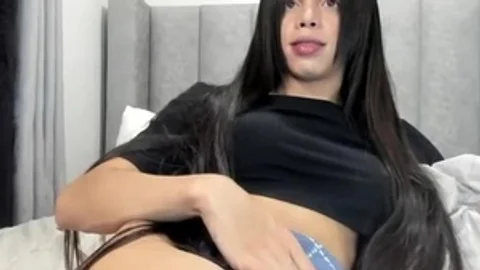 long black Hair Transgirl Tugs Her large ramrod On webcam