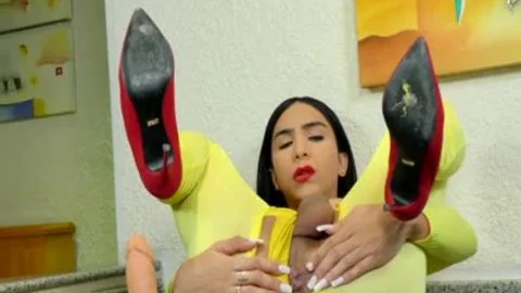 TS Yasmin Dornelles Milks each Drop Out Of Her throbbing Shaft whilst Riding dildo