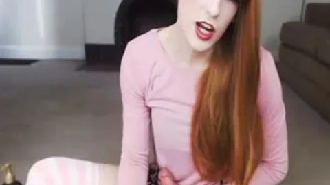Redhead Crossdresser Riding Her dildo while Strokes Her penis