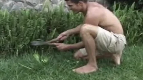 Muscle Gardener bonks In All poses breasty t-girl On The Lawn