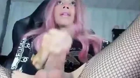 Pink Haired Trans babe In pantyhose Jerks Off Her big cock On cam