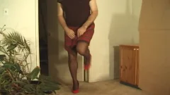 cum On hi Heel Shoes Wearing Sheer pants With Feminine Pad
