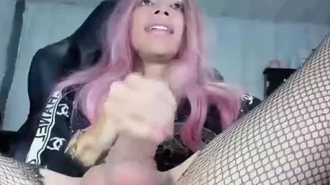 Pink Haired Trans babe In pantyhose Jerks Off Her big cock On cam