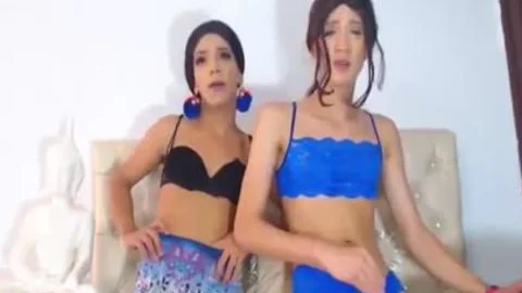 Two naughty trannies jerking off On cam