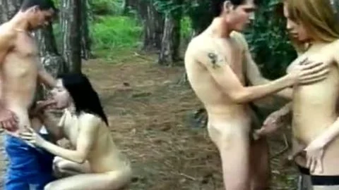 Two slim tgirls Make A oral joy And lick buttholes For Two teens In The Forest