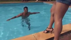 Hunk Rides blonde trannys penis Poolside