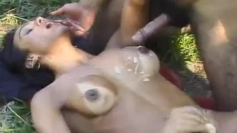 lucky lad receives To Fill The mouth And arsehole Of This nasty Sunburnt tranny Claudia On The Forest Meadow