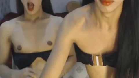 oriental Skinny ladyboys Double rod oral