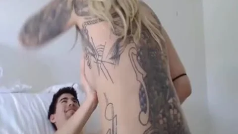 Full Tattooed blond mother I'd like to slam tranny With cute booty Riding On youthful rod
